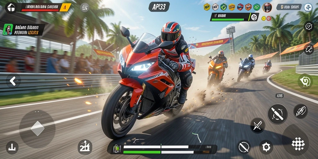Tampilan gameplay seru dari API33 saat balapan motor.