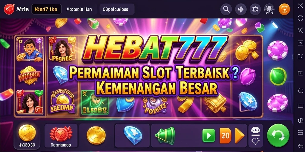 Tampilan gameplay HEBAT777 dengan gulungan berputar dan simbol kemenangan.