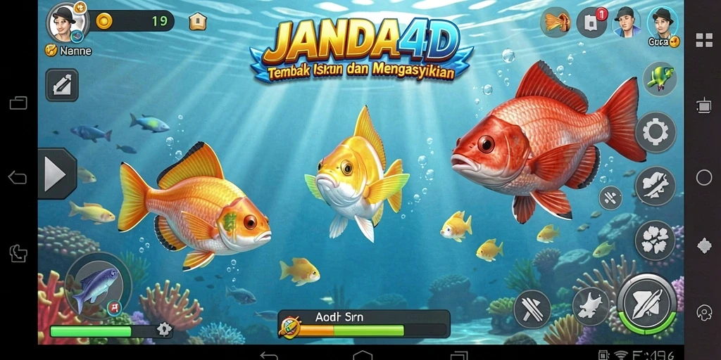 Tampilan gameplay seru dalam JANDA4D saat menembak ikan.