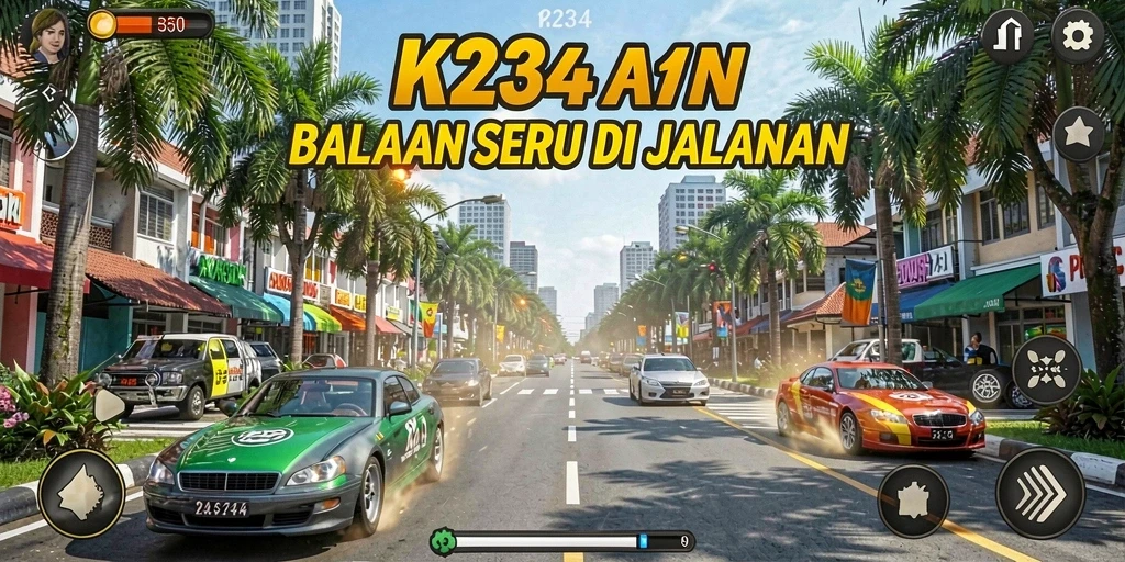 Gameplay K234 menampilkan aksi balap yang cepat dan seru di jalanan.