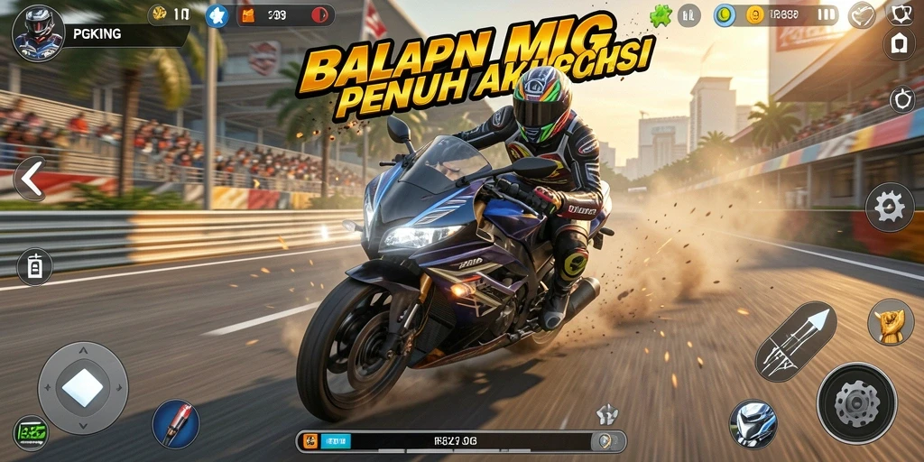 Tangkapan layar PGKING menampilkan trek balap yang menantang dengan motor cepat dan grafis memukau.